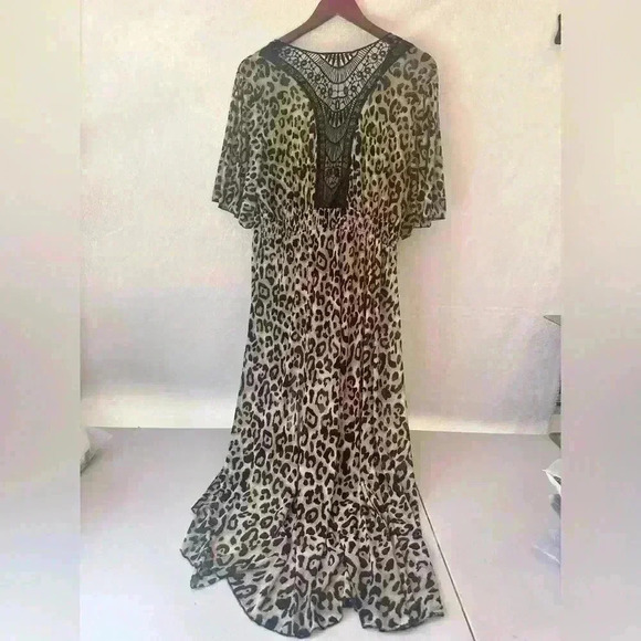 L.I.F.E. Leopard print Sheer Kimono coverup Women's L Retro Cottagecore Beach - Picture 8 of 9